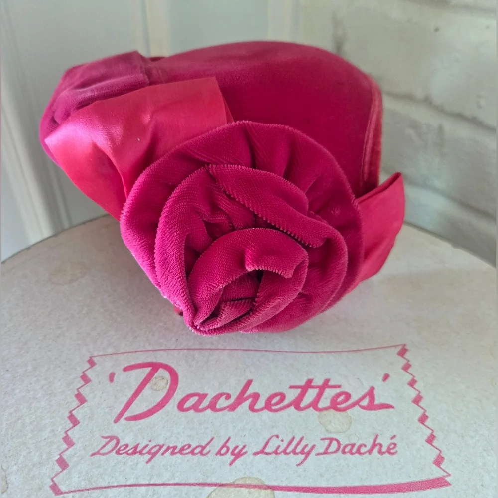 Vtg 1950s Lilly Daché Floral Calot Hat, Ribbon, Velvet, S/7 - Picture 7 of 15